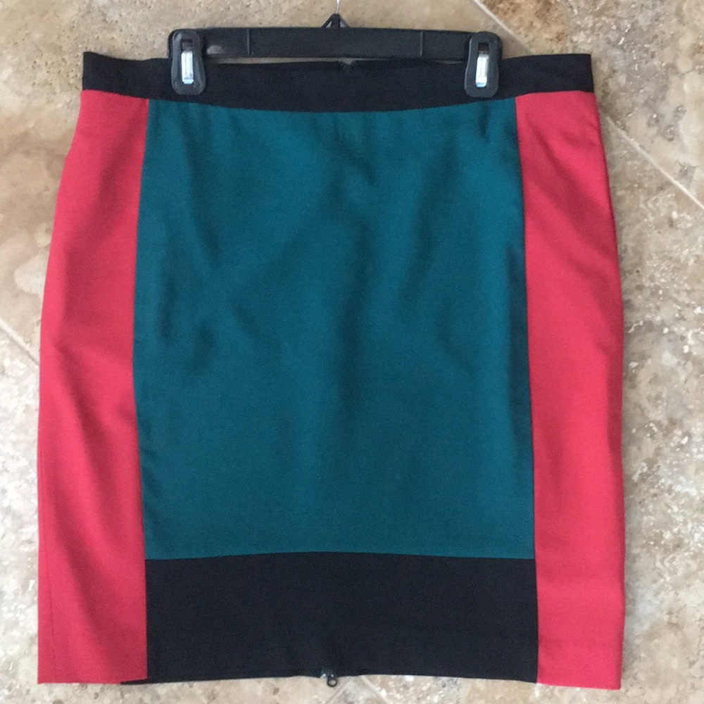 Multicolored pencil skirt- teal, red, and black.